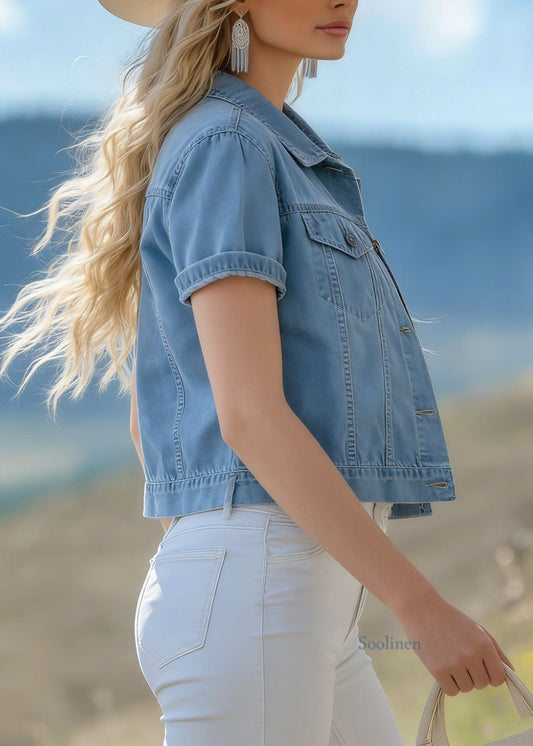 Women Blue Peter Pan Collar Pockets Denim Jackets Summer