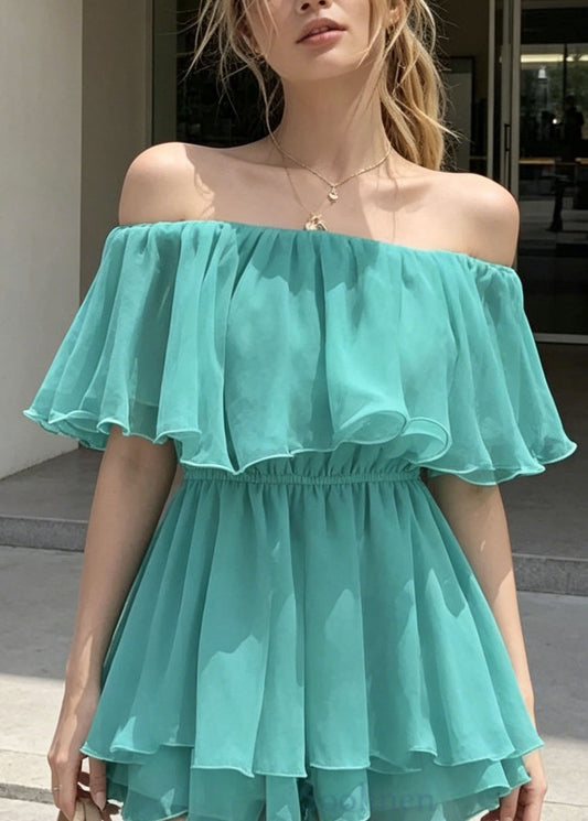Women Blue Slash Neck Ruffled Patchwork Cotton Mini Dresses Summer