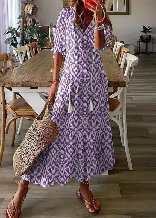 Women Blue V Neck Print Boho Cotton Long Dresses Summer