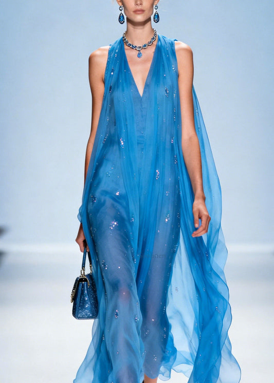 Women Blue V Neck Zircon Chiffon Dresses Sleeveless