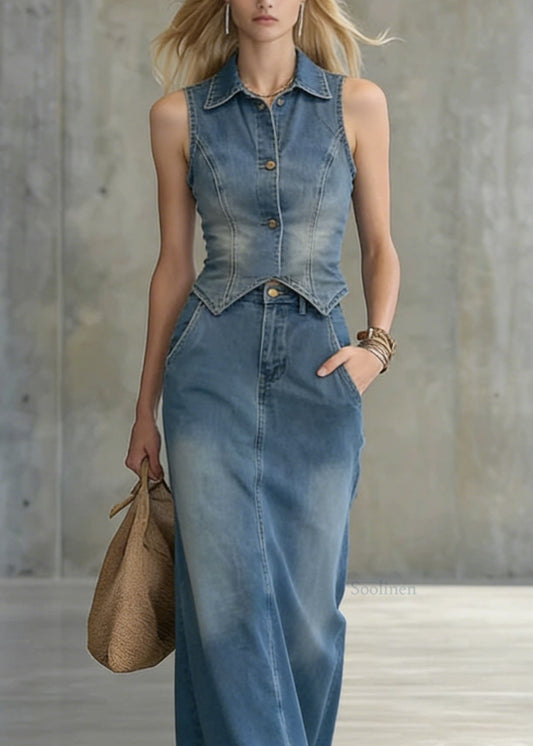 Women Blue Vest And Skirts Denim Two Pieces Set Summer
