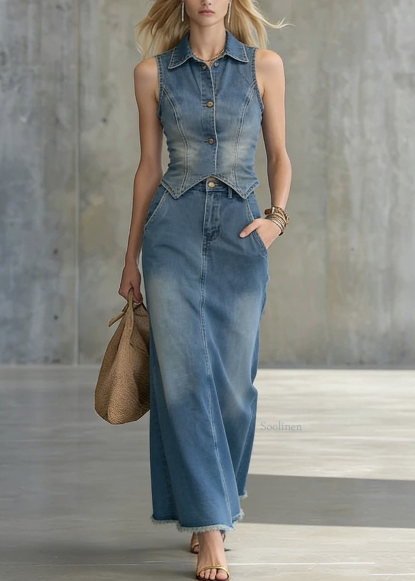Women Blue Vest And Skirts Denim Two Pieces Set Summer