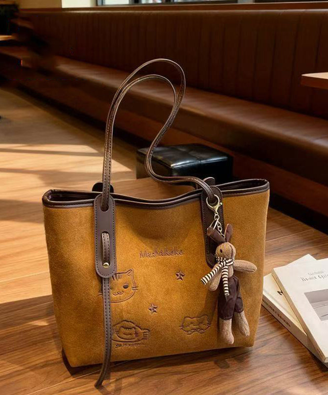 Women Brown Cute Cat Embroidered Faux Leather Shoulder Bags