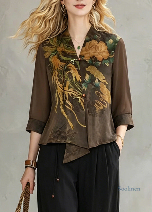 Women Coffee V Neck Print Chiffon Tops And Crop Pants Fall