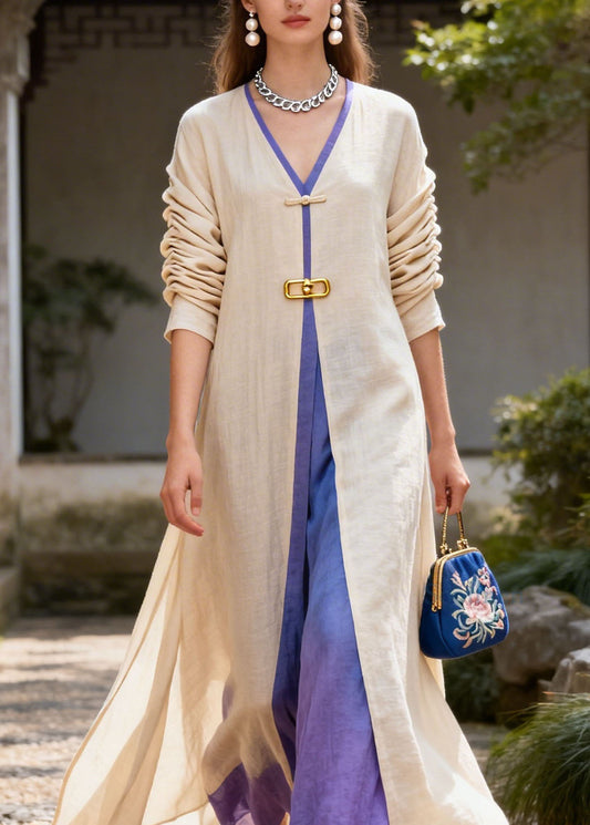 Women Colorblock V Neck Patchwork Cotton Long Dress