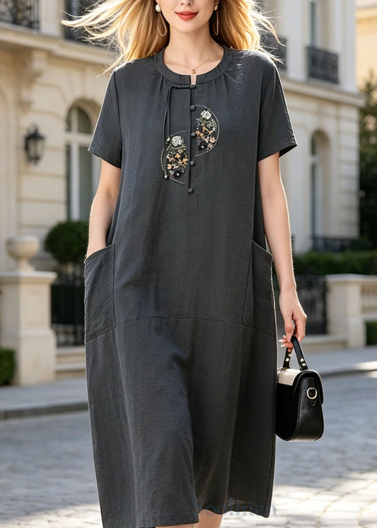 Women Dark Grey Embroidered Pockets Cotton Dresses Summer