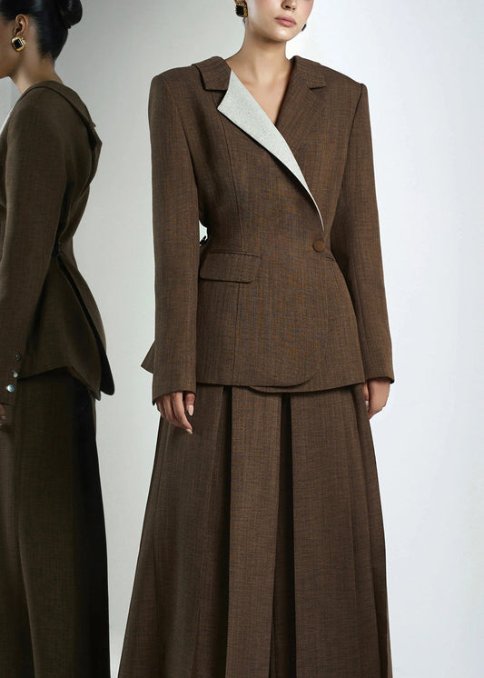 Women Elegant Brown Peter Pan Collar Patchwork Suit Coats Fall