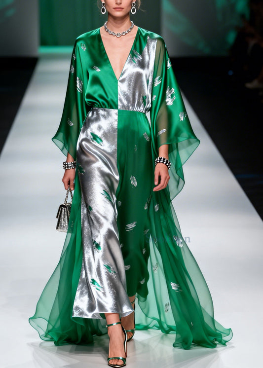 Women Green Asymmetrical Patchwork Exra Large Hem Chiffon Dresses Summer