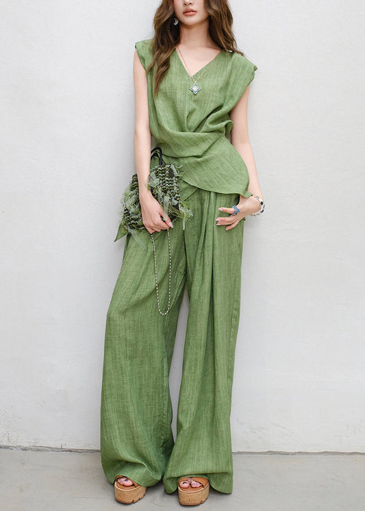 Women Green V Neck Lace Up Tops And Pants Linen Two Piece Set Sleeveless