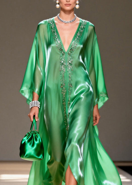 Women Green V Neck Zircon Chiffon Long Dresses Summer