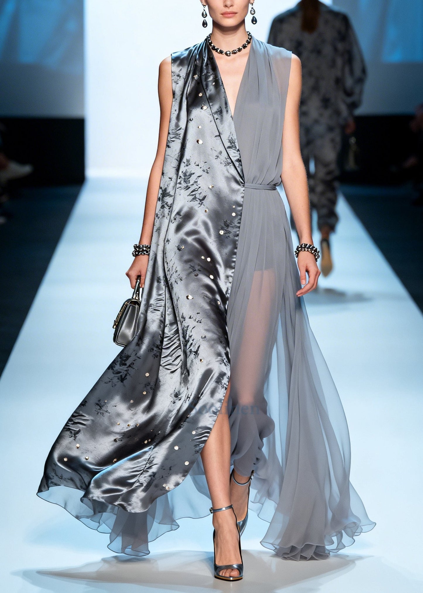 Women Grey Asymmetrical Patchwork Chiffon Fake Two Piece Dress Summer