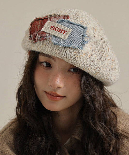Women Khaki Versatile Patch Knit Breton Hat