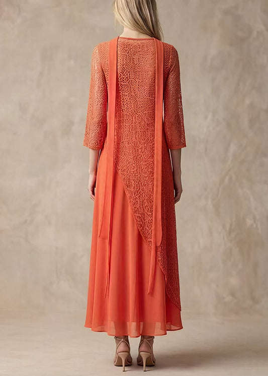 Women Orange Asymmetrical Lace Long Smock And Chiffon Dress 2 Piece Outfit Summer