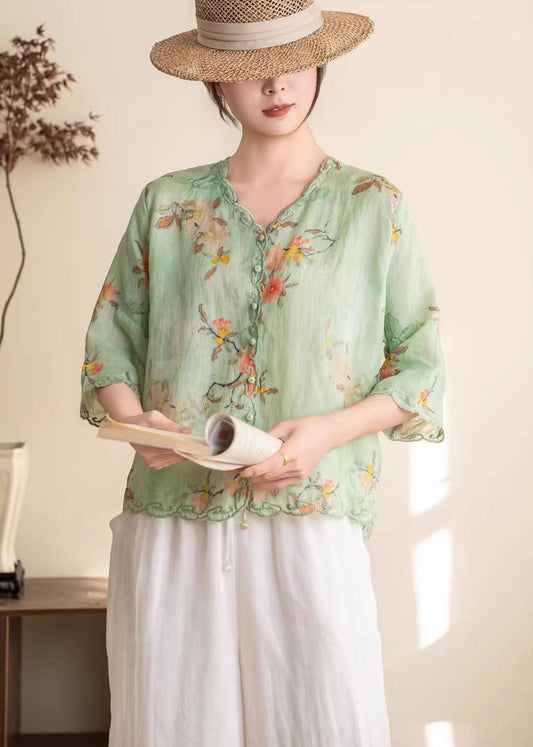 Women Orange Embroidered Print Linen Blouses Summer
