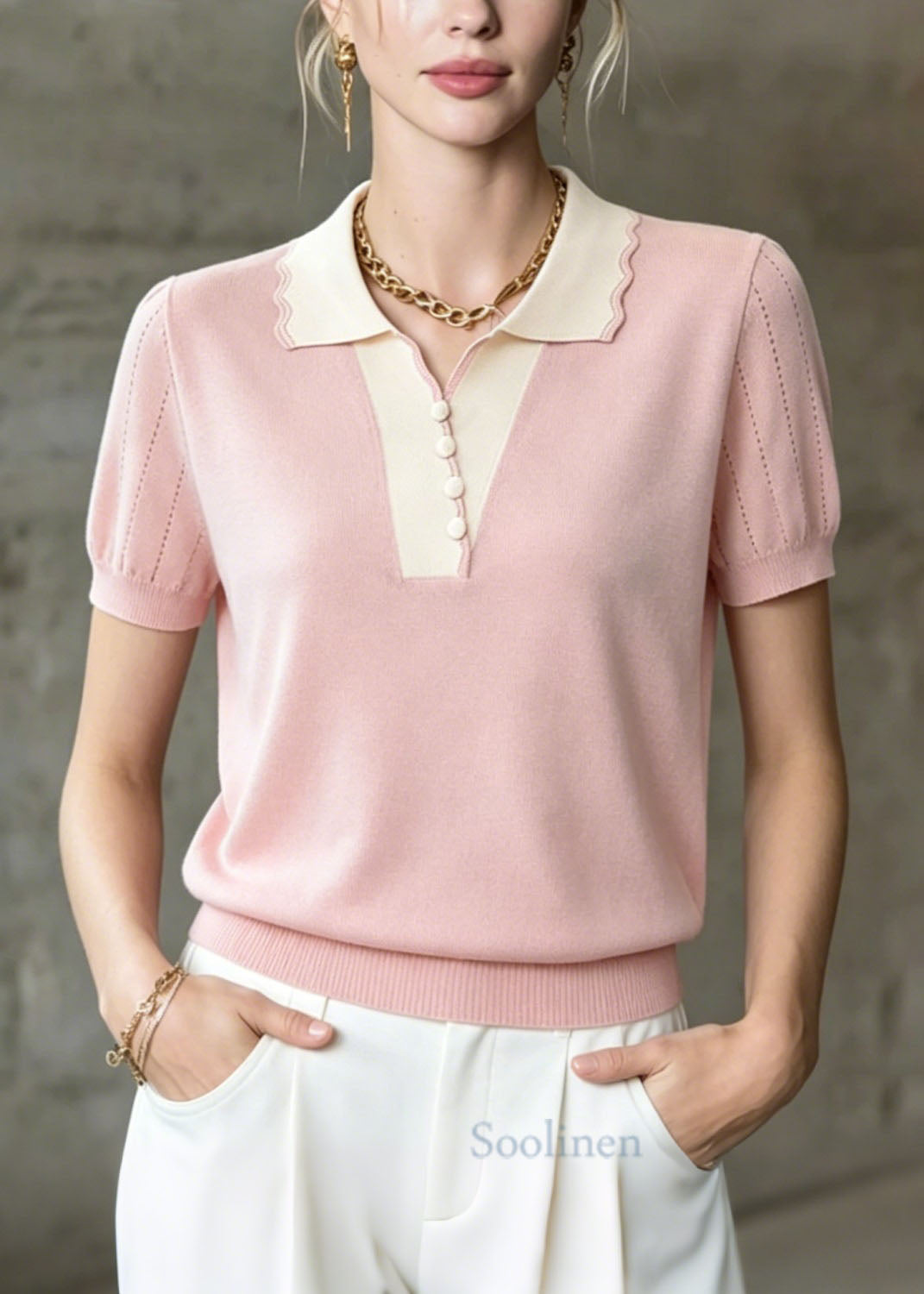Women Pink Peter Pan Collar Patchwork Ice Silk Knit Tops Summer
