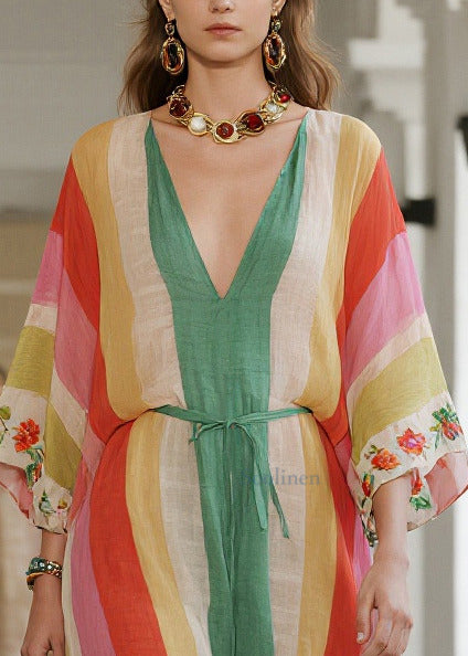 Women Rainbow Striped Tie Waist Cotton Tunic Dresses Summer