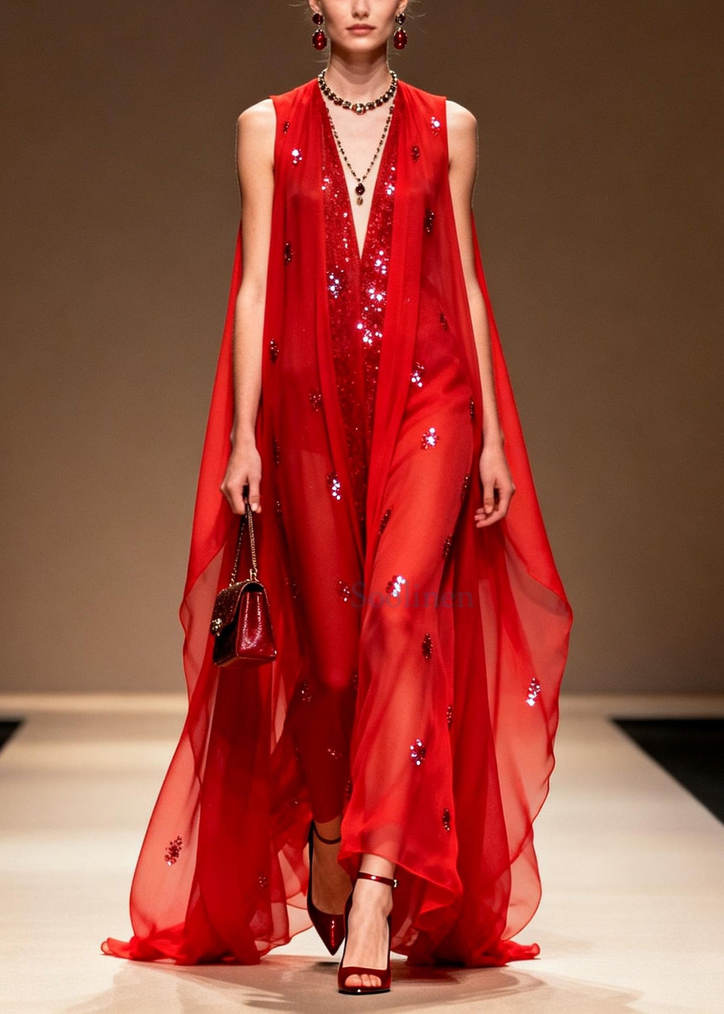 Women Red Sequins Rhinestone Chiffon Evening Dress Sleeveless