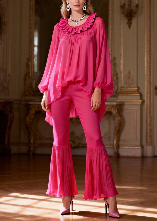 Women Rose Ruffled Low High Design Chiffon Two Piece Set Spring