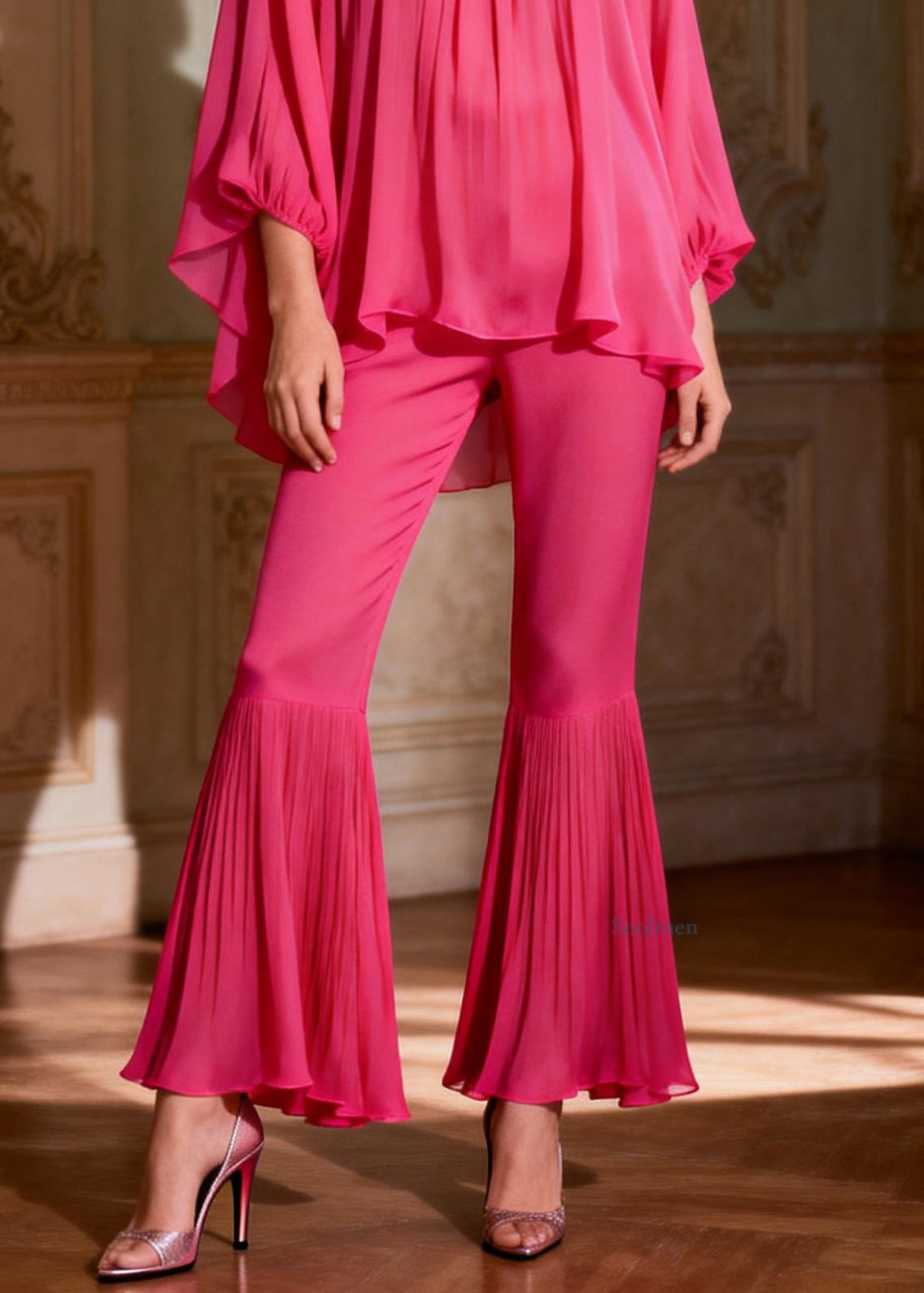 Women Rose Ruffled Low High Design Chiffon Two Piece Set Spring