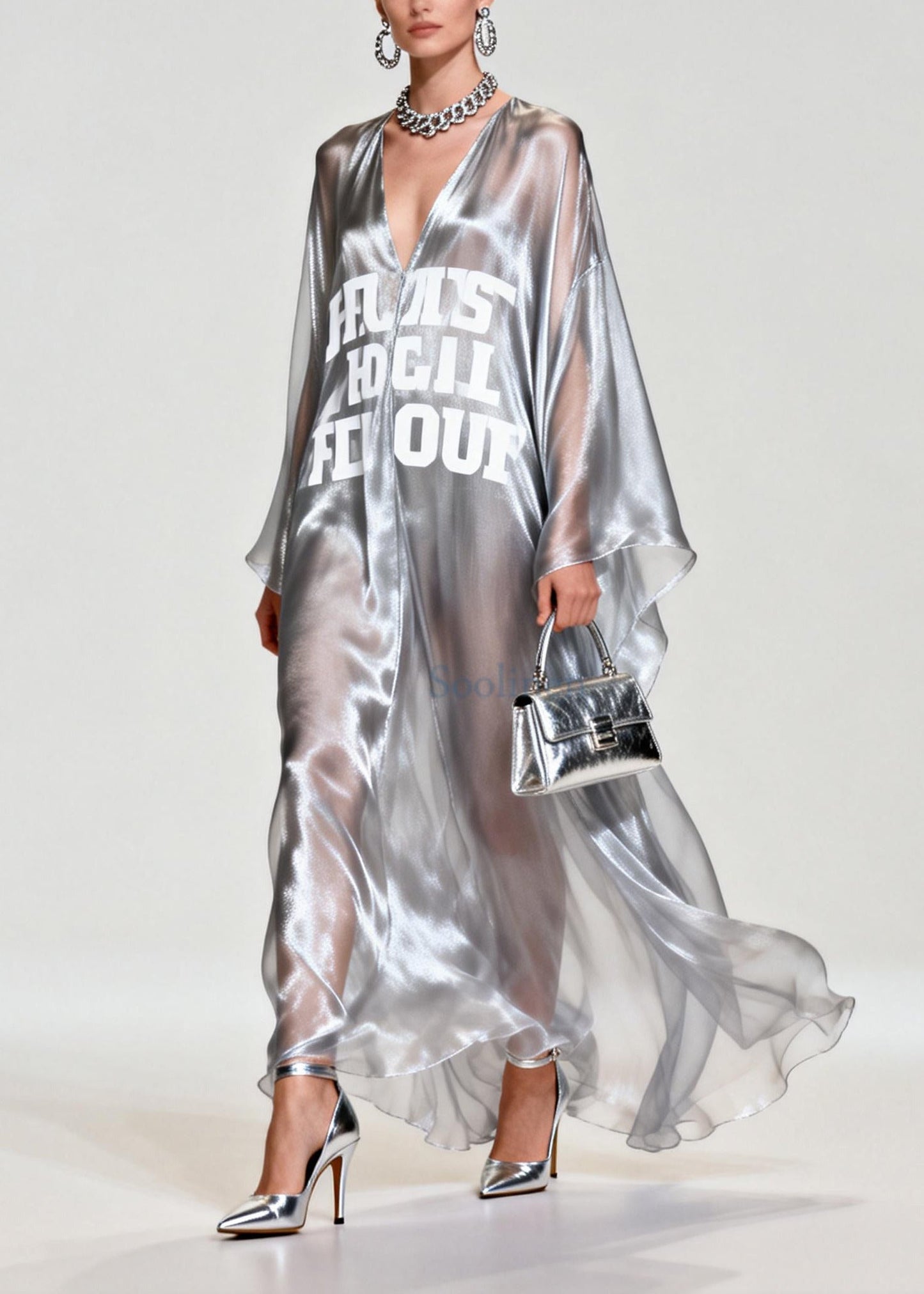 Women Silvery Letter Print Exra Large Hem Chiffon Beach Dresses Summer