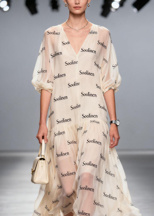 Women V Neck Print Chiffon Long Dress Summer
