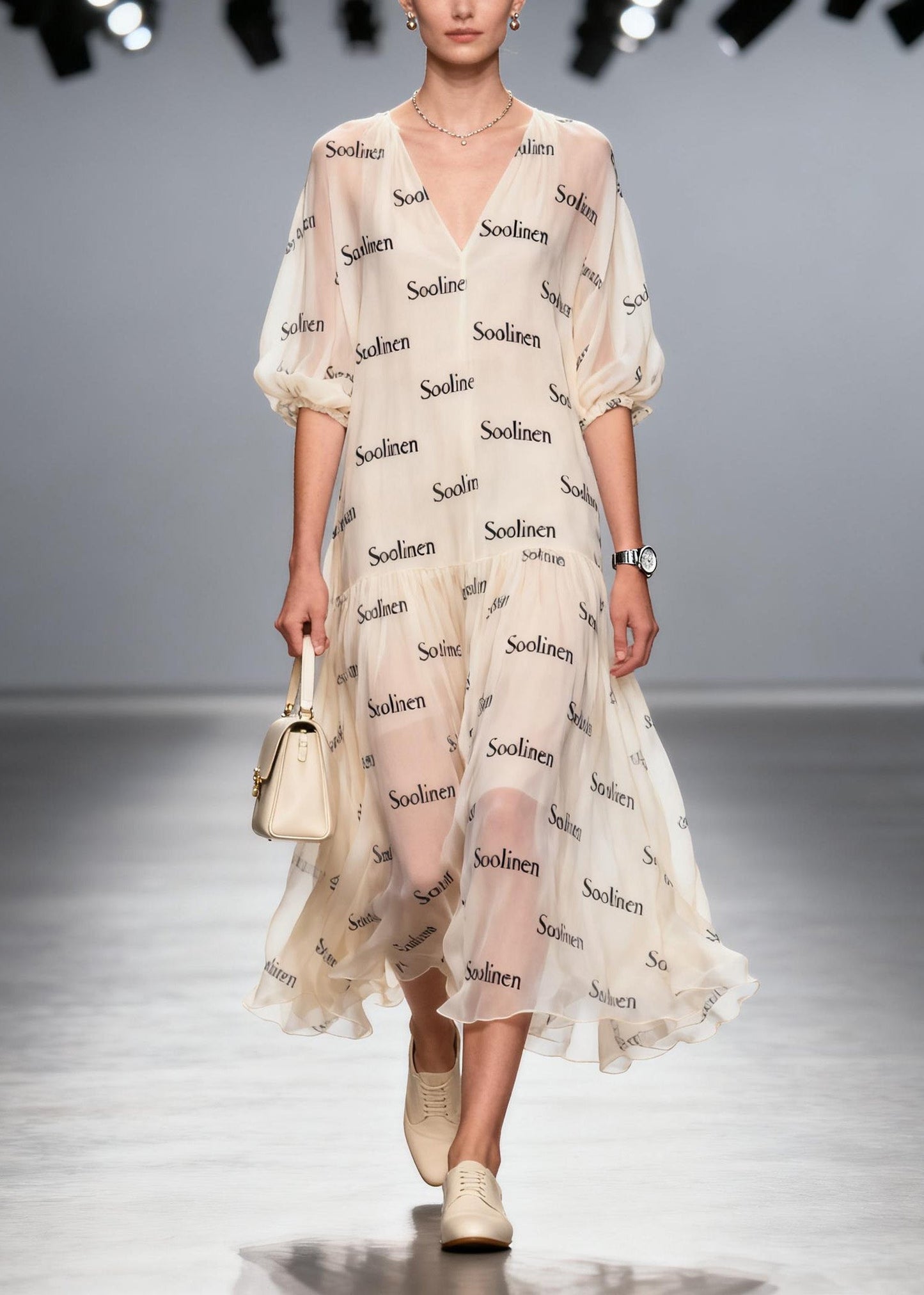 Women V Neck Print Chiffon Long Dress Summer