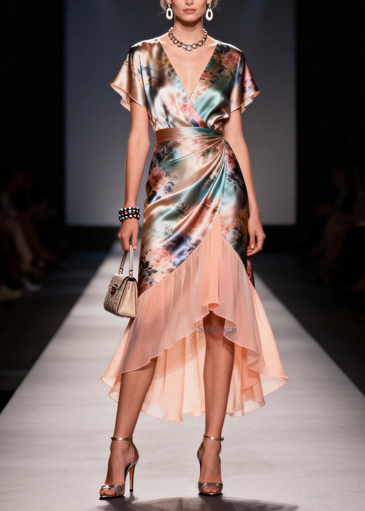 Women V Neck Ruffled Print Patchwork Silk Dresses Summer