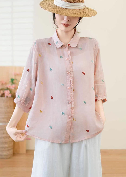 Women White Ruffled Embroidered Linen Blouse Top Summer