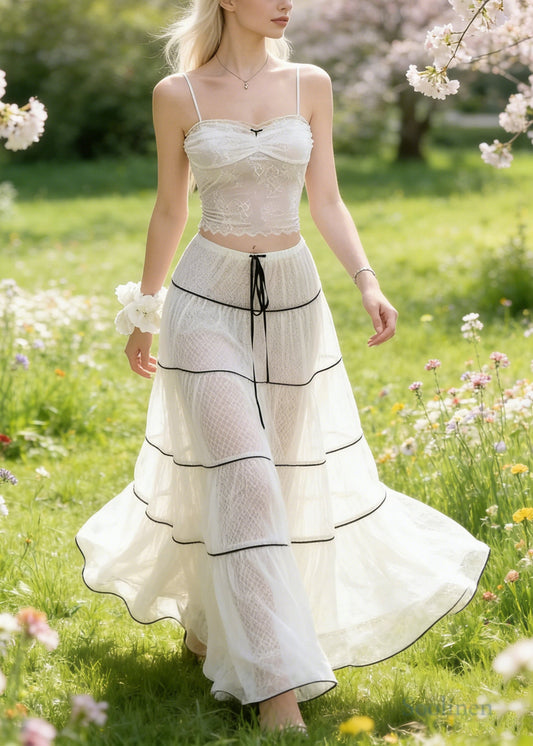 Women White Tie Waist Exra Large Hem Tulle Skirts Spring