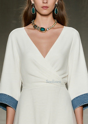 Women White V Neck Patchwork Denim Day Dress Summer