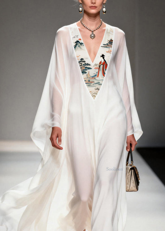 Women White V Neck Print Patchwork Chiffon Dresses Spring