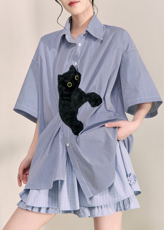 Casual Blue Peter Pan Collar Little Cats Striped Shirts Summer