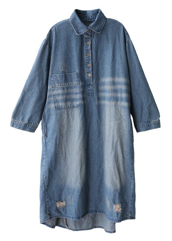 Women lapel Hole outfit Shape denim blue Dresses