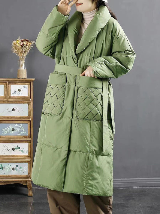 Women Winter Vintage Solid Drawstring Pocket Down Coat