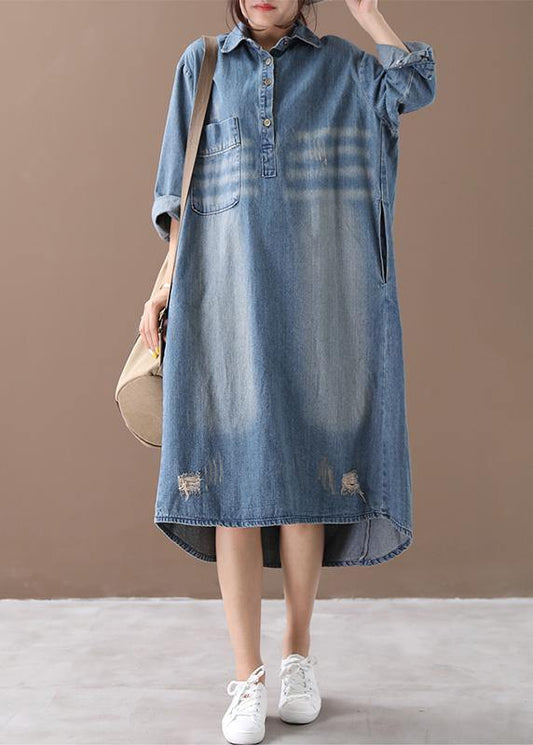 Women lapel Hole outfit Shape denim blue Dresses