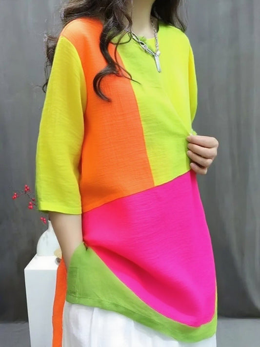 Handmade Three color spell O-Neck Print Button Top Summer