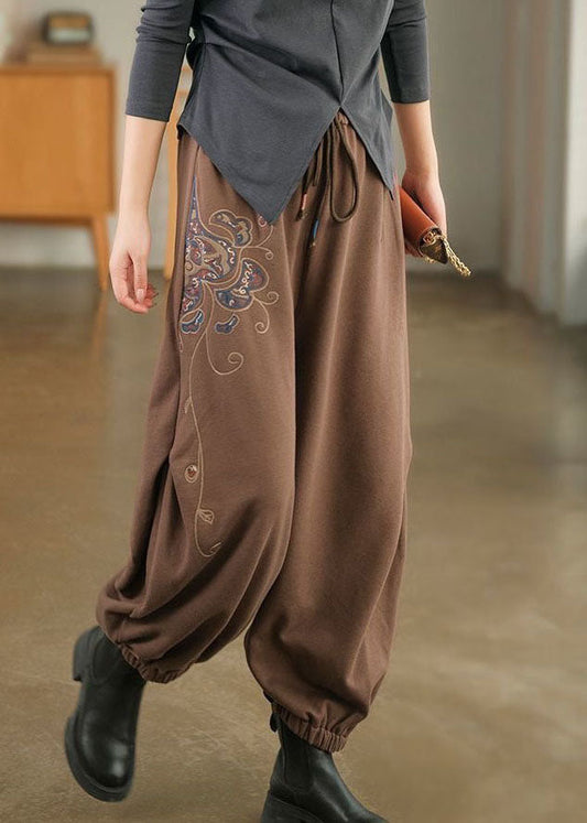 Coffee Oversized Warm Fleece Pants Embroideried Elastic Waist Winter