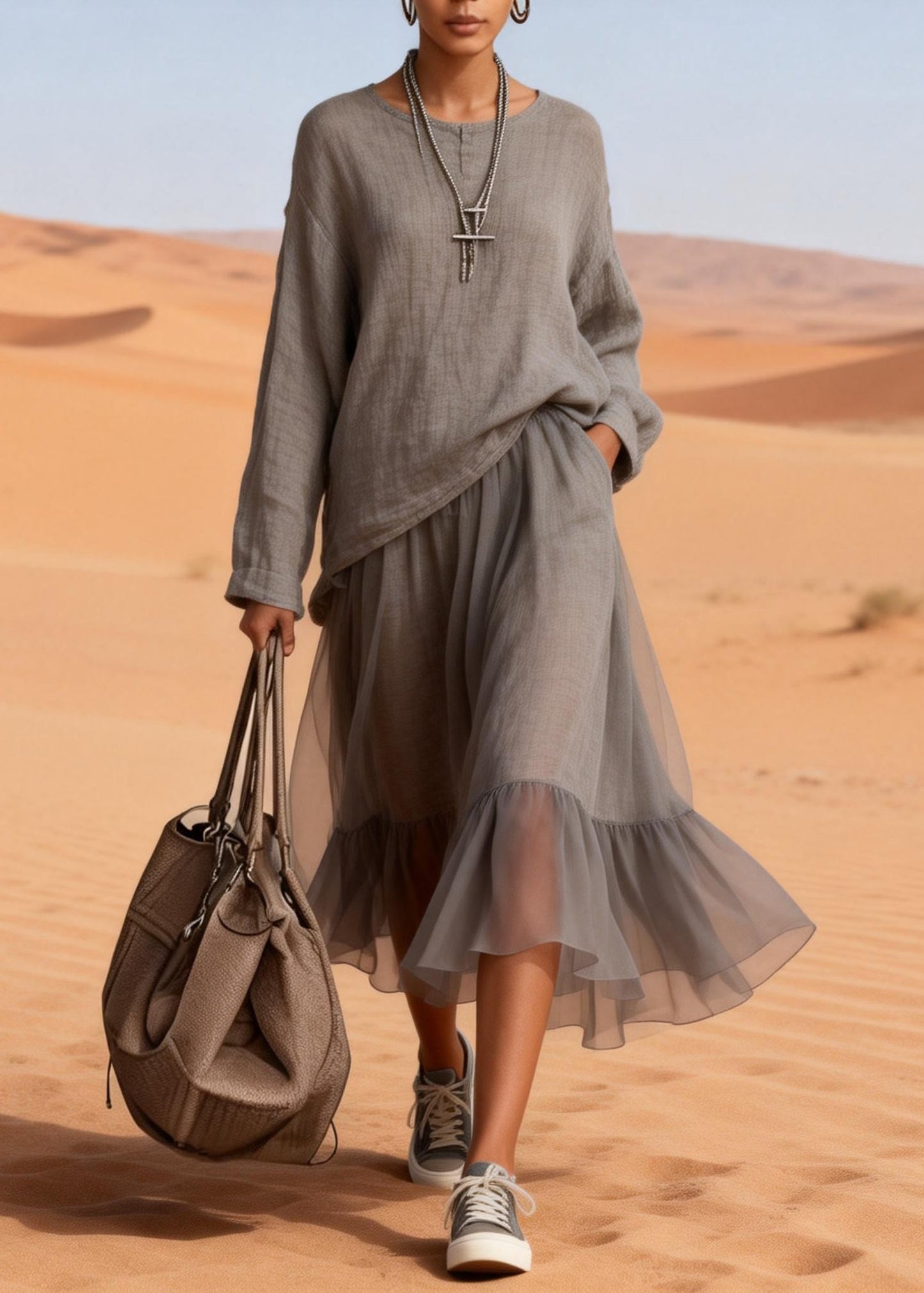 Loose Charcoal Grey Pockets Tops And Skirts Tulle Patchwork Two Pieces Set Spring