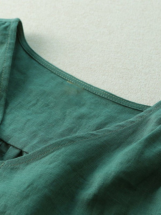 Pure Color V Neck Half Sleeve Casual Linen Tee Top