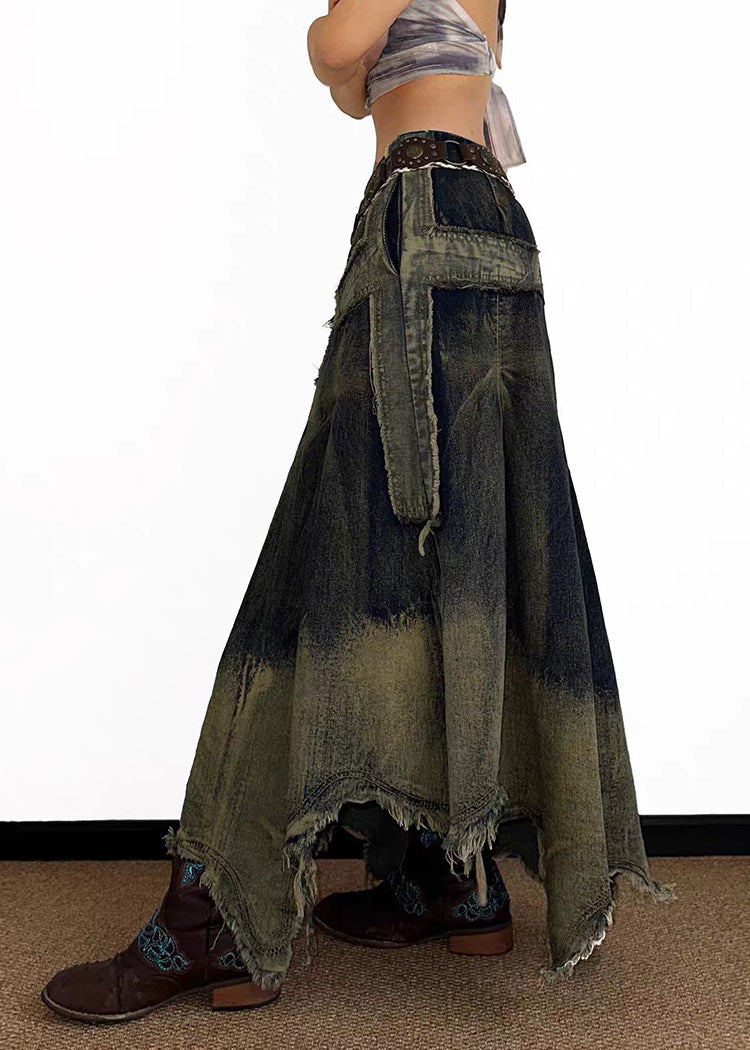Vintage High Waist Asymmetrical Patchwork Denim Maxi Skirt Summer