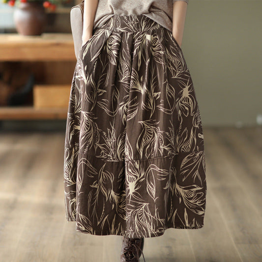 Vintage Printed Cotton And Linen Slim Elastic Waist A-Line Skirt