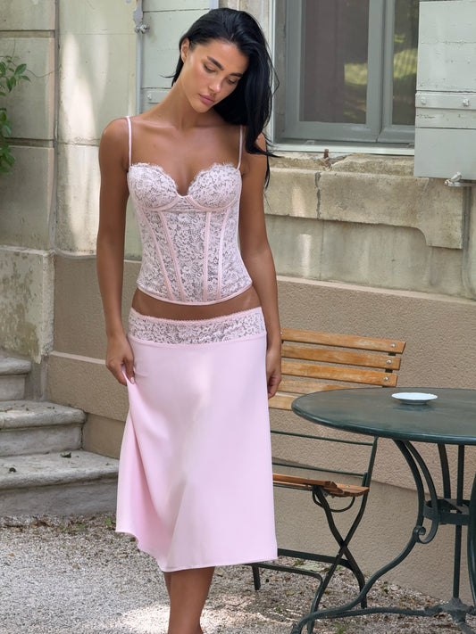 Pink Lace Corset Cami & High-Waisted Midi Skirt Set