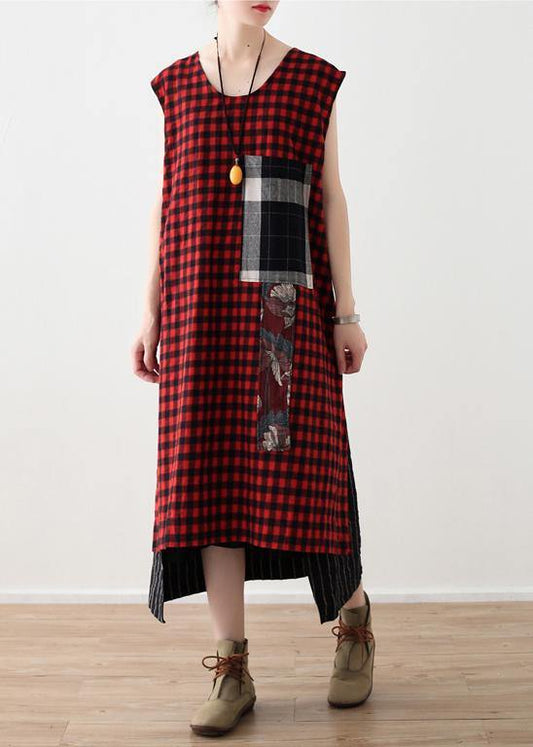 DIY plaid patchwork linen cotton Wardrobes Vintage Work Outfits sleeveless A Line summer Dress