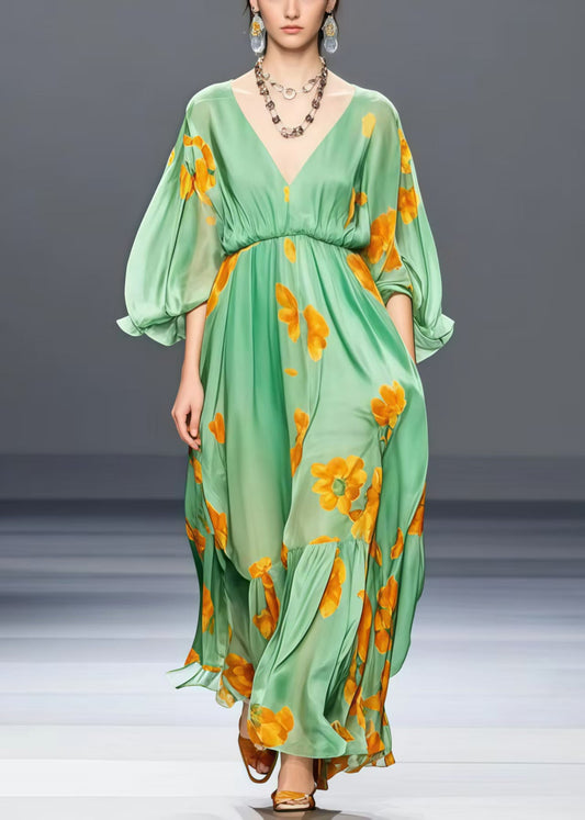 Loose Grass Green V Neck Floral Silk Long Dress Lantern Sleeve