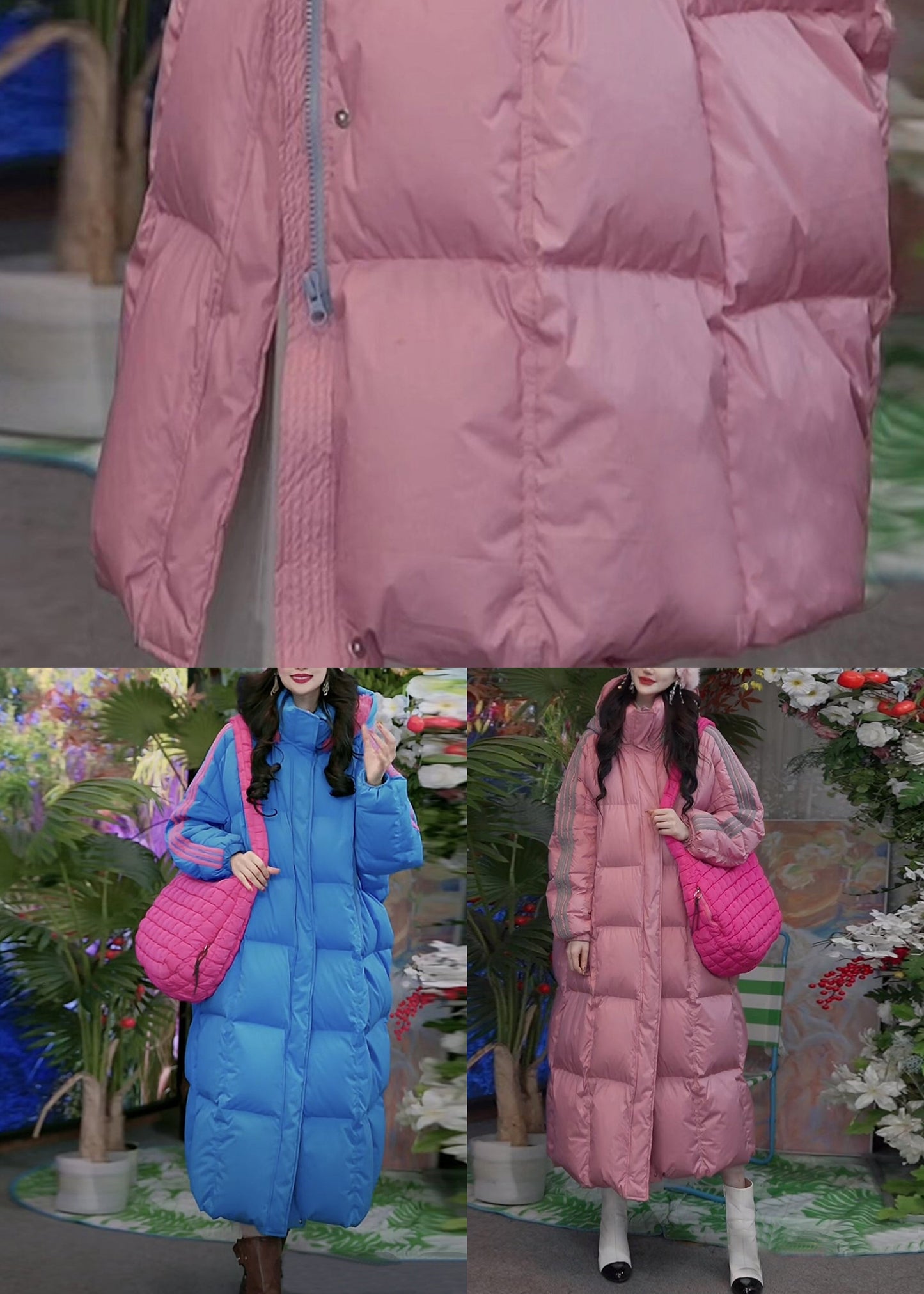 Blue Striped Pockets Duck Down Winter Puffer Long Coat Hooded