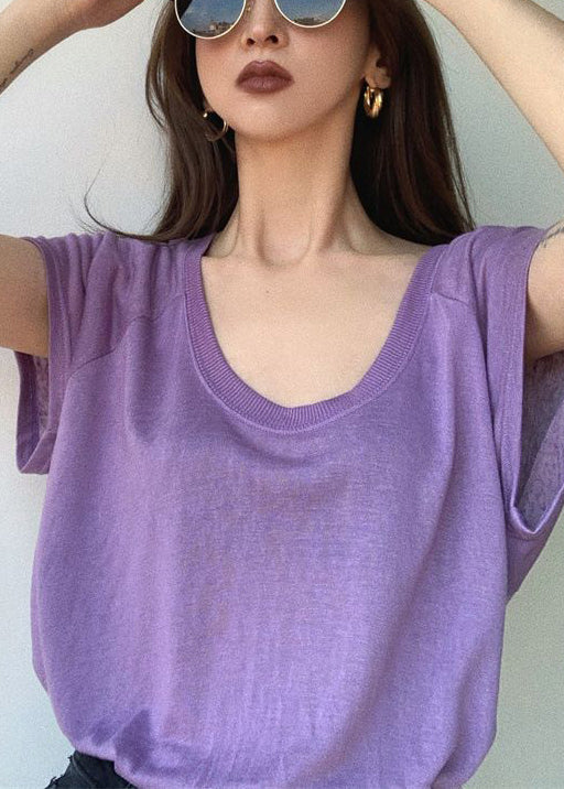 Loose Purple U Neck Solid Cotton T Shirts Summer