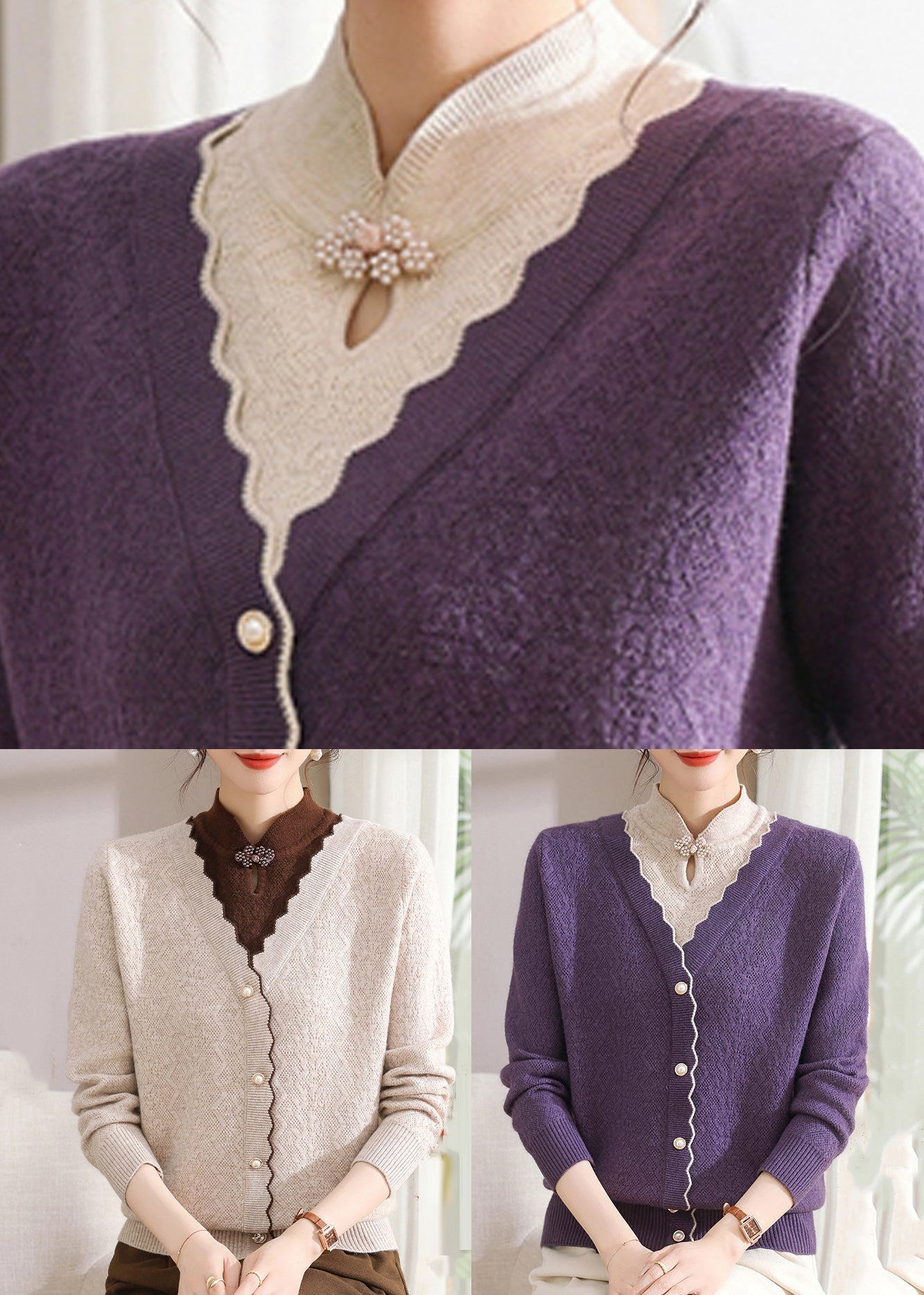 Purple Button False Two-Piece Cotton Knit Sweaters Long Sleeve