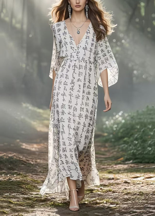 Art White V Neck Print Chiffon Holiday Dresses Summer