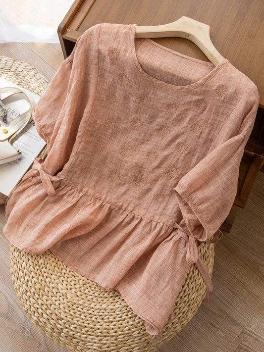 Embroidered Crew Neck Half Sleeve Casual Linen Top