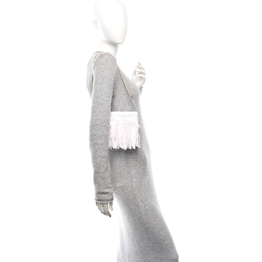 Tweed Embroidered Feathers Pearl Crystal Clutch White